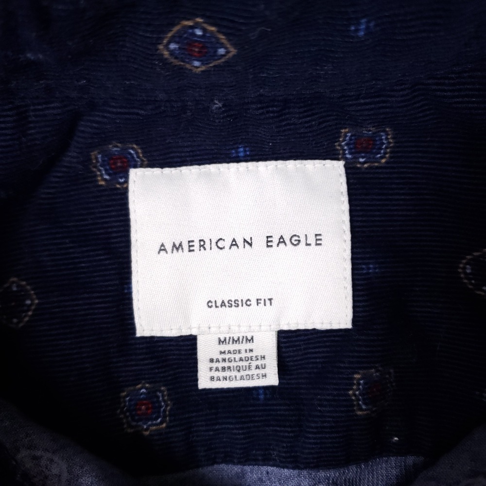 American Eagle Corduroy Button Up Men M Navy Blue Geometric Classic Fit‎ Shirt - Picture 4 of 8